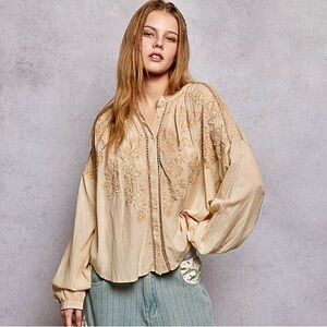 ♥️Hello Gorgeous! POL Embroidery Button Down Long Sleeve Washed Shirt - Almond